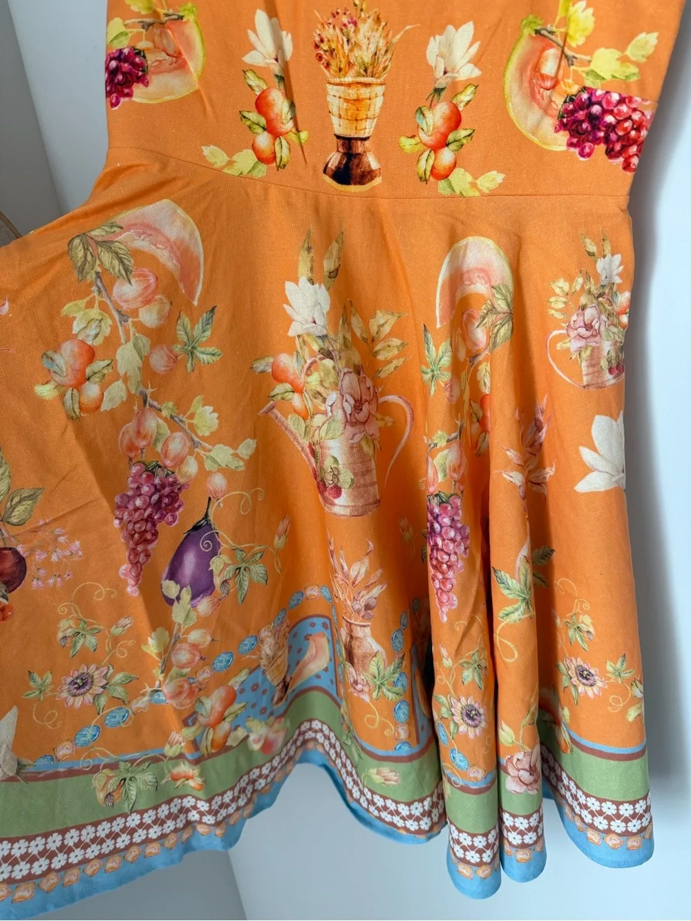 Orange Floral tropical fruit sleeveless tie strap linen blend Mini Dress - Picture 4 of 8